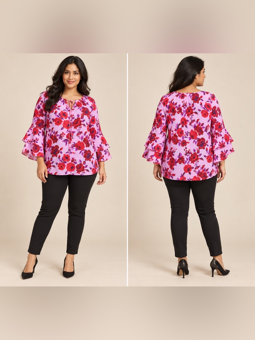 Pink Sam & Jess blouse with a red and purple floral print, tie neckline, and lay